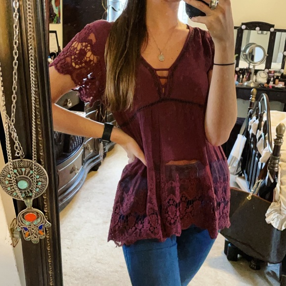 Listicle Tops - Listicle Lace Crochet Sheer Blouse